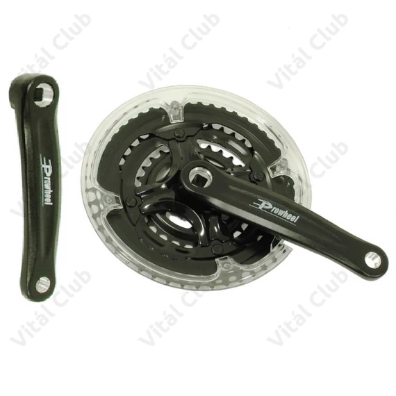 Prowheel alu hajtómű 28/38/48 fogas, 170mm hajtókar hossz, fekete/átlátszó nadrágszárvédővel