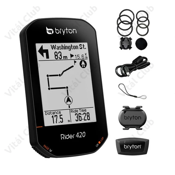 Bryton Rider 420T GPS kilométeróra szett tartozék: pedálfordulat, pulzusmérő öv, navigáció, 72+ funkciós, fekete