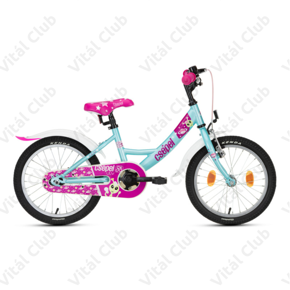 Csepel Lily 16"-os lányka gyerek kerékpár rózsaszín, lila szivecskékkel, kontrafékes