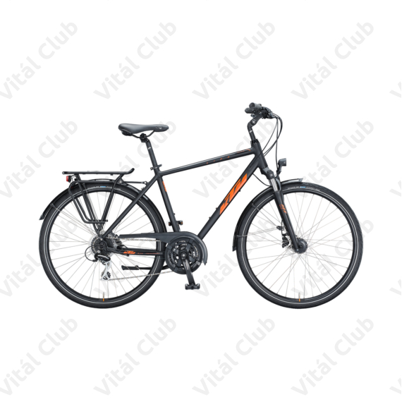 KTM Life Ride férfi trekking kerékpár 24 fokozatú Acera váltó, tárcsafék, matt fekete/fényes narancs 46cm