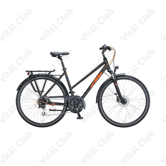 KTM Life Ride női trekking kerékpár 24 fokozatú Acera váltó, tárcsafék, matt fekete/fényes narancs, komfort váz 51cm