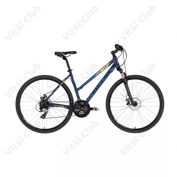 Kellys Clea 70 Dark Blue női cross kerékpár 24 fokozatú TX800 váltó, mechanikus tárcsafék, 17"