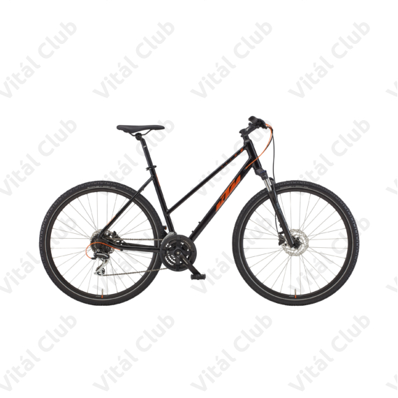 KTM X-Life Track női cross kerékpár 24 fokozatú Acera váltó, hidraulikus tárcsafék, fényes fekete-narancs 46cm