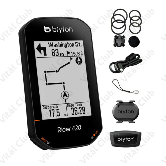 Bryton Rider 420T GPS kilométeróra szett tartozék: pedálfordulat, pulzusmérő öv, navigáció, 72+ funkciós, fekete