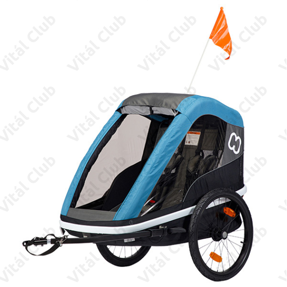 Hamax Avenida Twin gyermek szállító utánfutó, 2gyermeknek, 45kg terhelhetőség, időjárás álló boritás, szürke/kék